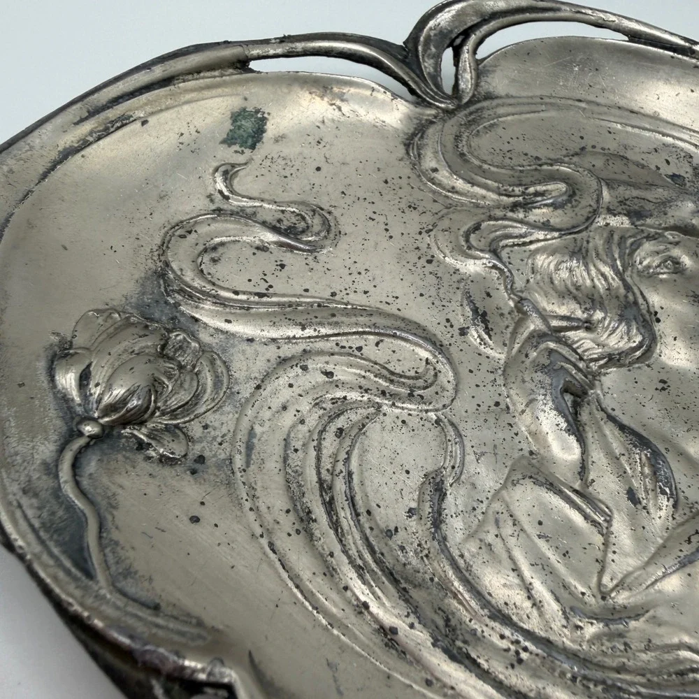 Antique Art Nouveau Bronze? Tray Woman Poppies Repousse Vanity Trinket Dish